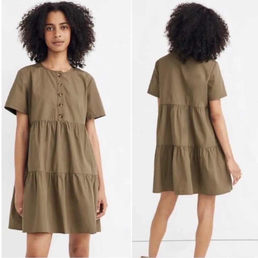 Madewell Dress Mini Tiered Military Green Babydoll Button Up Casual XS